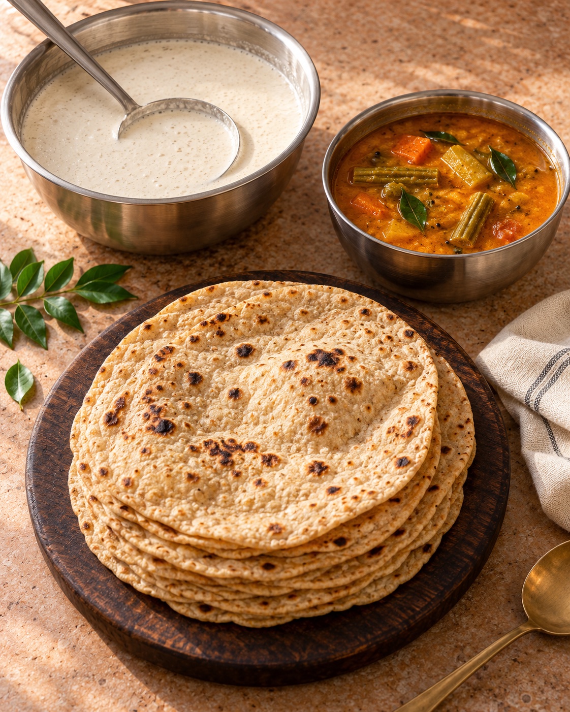 Fresh rotis on a wooden board with bowls of sambar and dosa batter